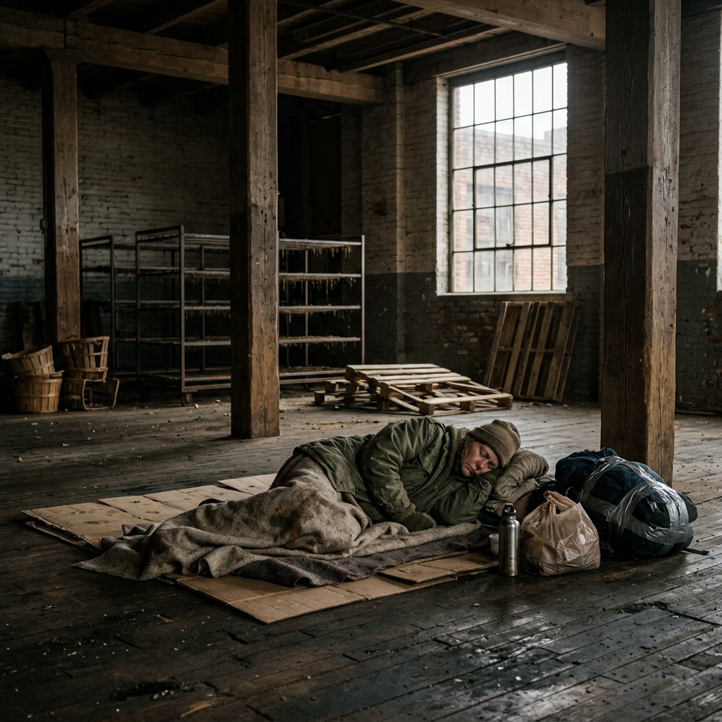 Homeless person lying on cardboard floor with blankets and belongings in a dimly lit warehouse