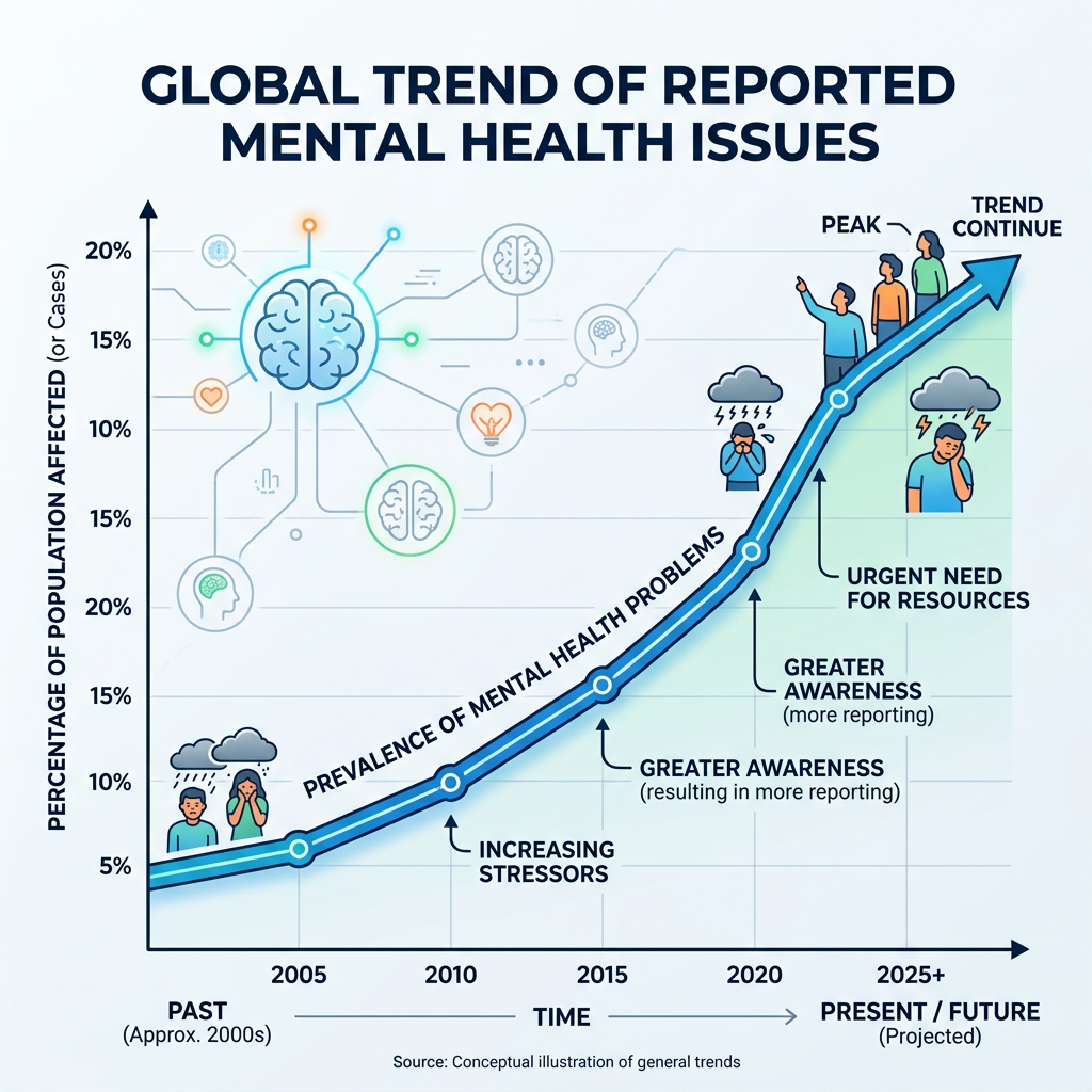 Line graph showing rising prevalence of mental health problems from 2000 to projected future, with key factors noted