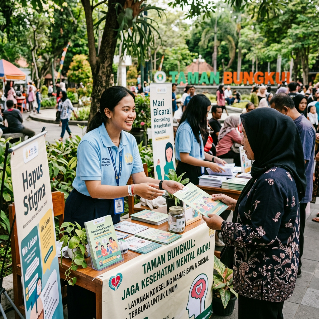 Volunteer handing mental health pamphlet to a woman at outdoor public wellness booth