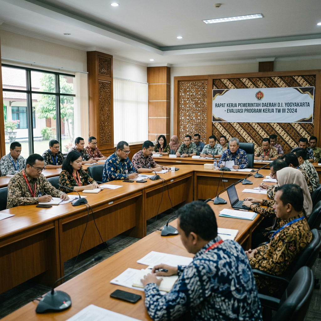 Group of government officials attending a work program evaluation meeting in Yogyakarta
